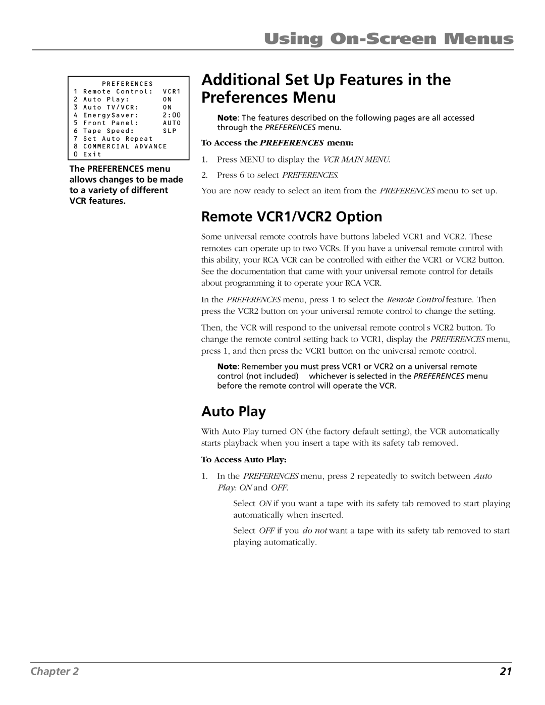 RCA VR706HF manual Additional Set Up Features in the Preferences Menu, Remote VCR1/VCR2 Option, To Access Auto Play 