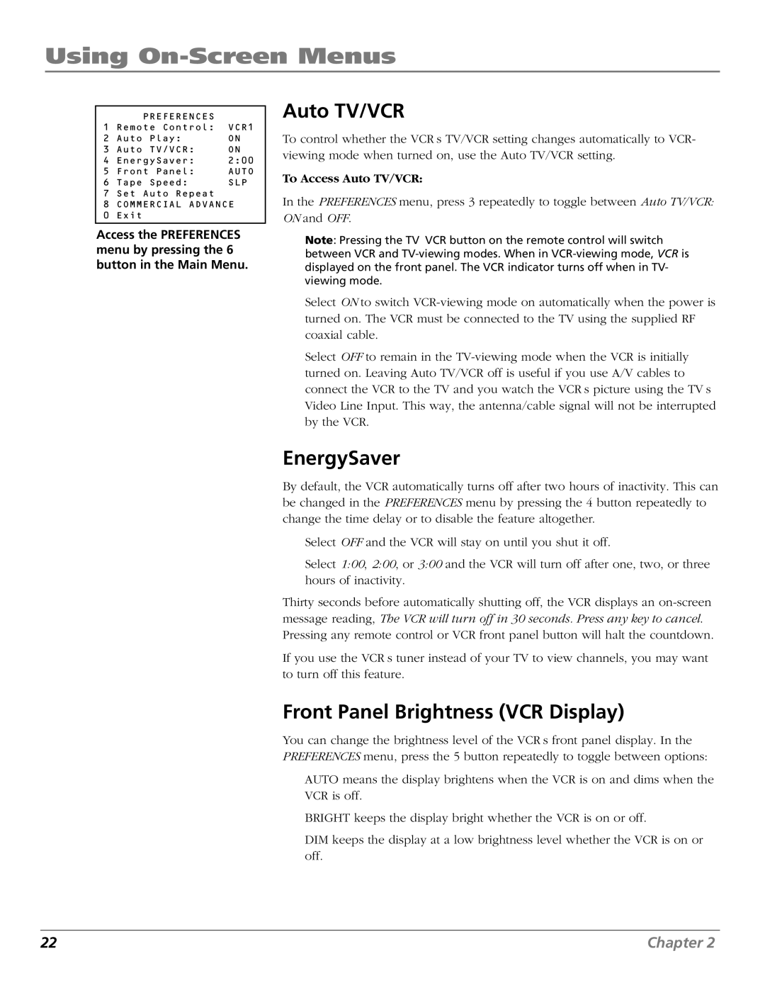 RCA VR706HF manual EnergySaver, Front Panel Brightness VCR Display, To Access Auto TV/VCR 
