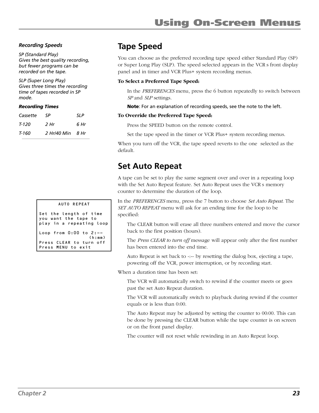 RCA VR706HF manual Set Auto Repeat, To Select a Preferred Tape Speed, To Override the Preferred Tape Speed 