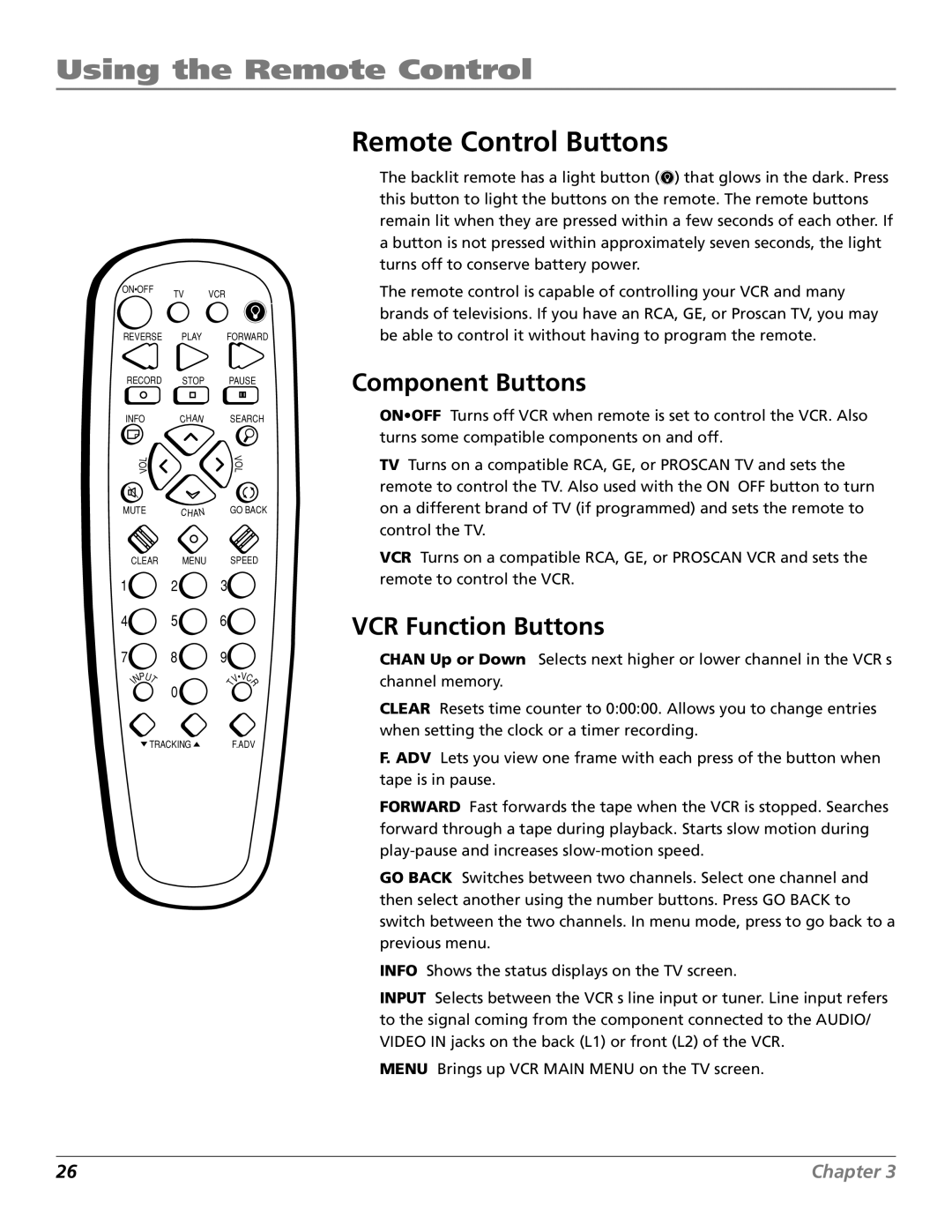 RCA VR706HF manual Using the Remote Control, Remote Control Buttons, Component Buttons, VCR Function Buttons 