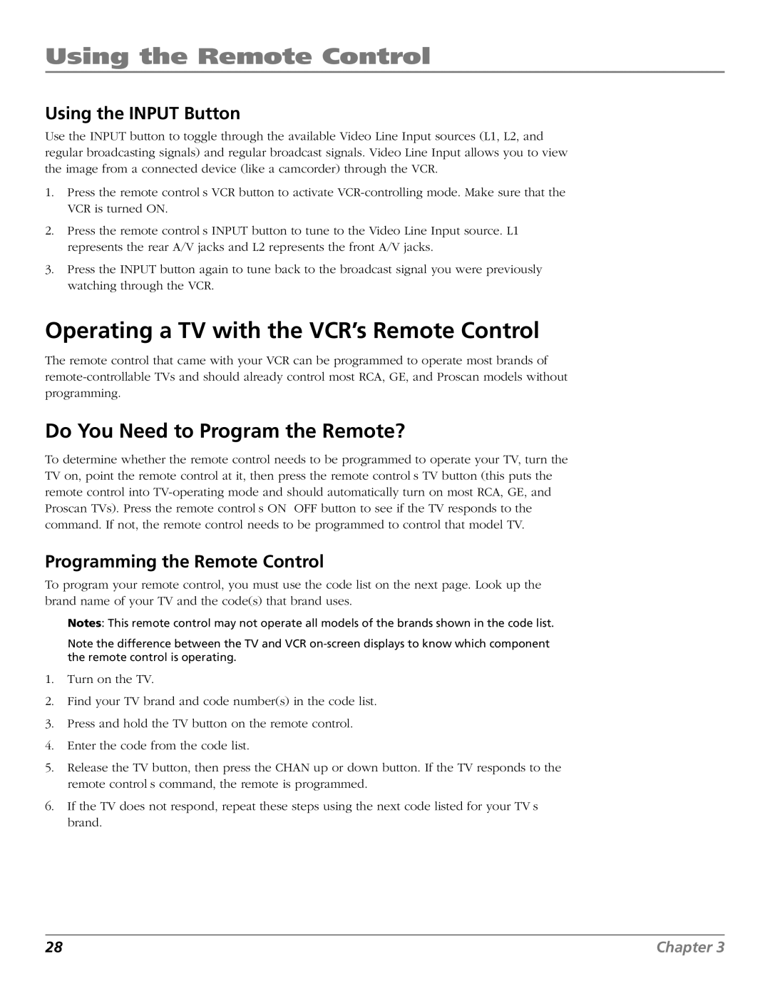 RCA VR706HF manual Operating a TV with the VCR’s Remote Control, Do You Need to Program the Remote?, Using the Input Button 