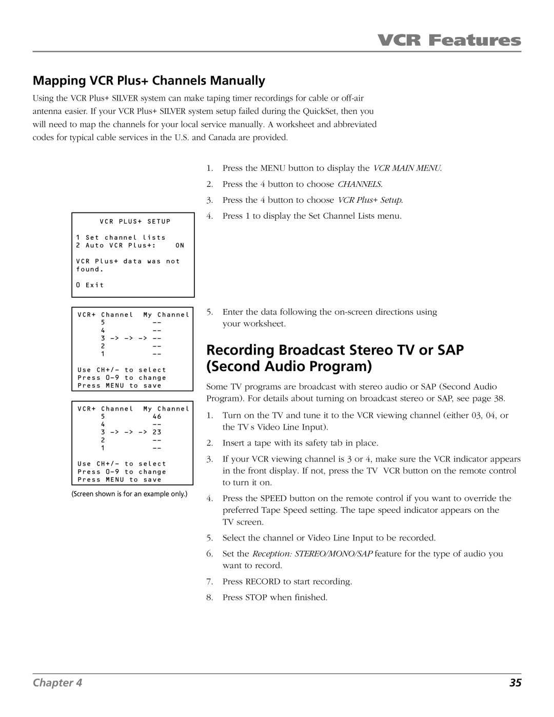 RCA VR706HF manual Recording Broadcast Stereo TV or SAP Second Audio Program, Mapping VCR Plus+ Channels Manually 