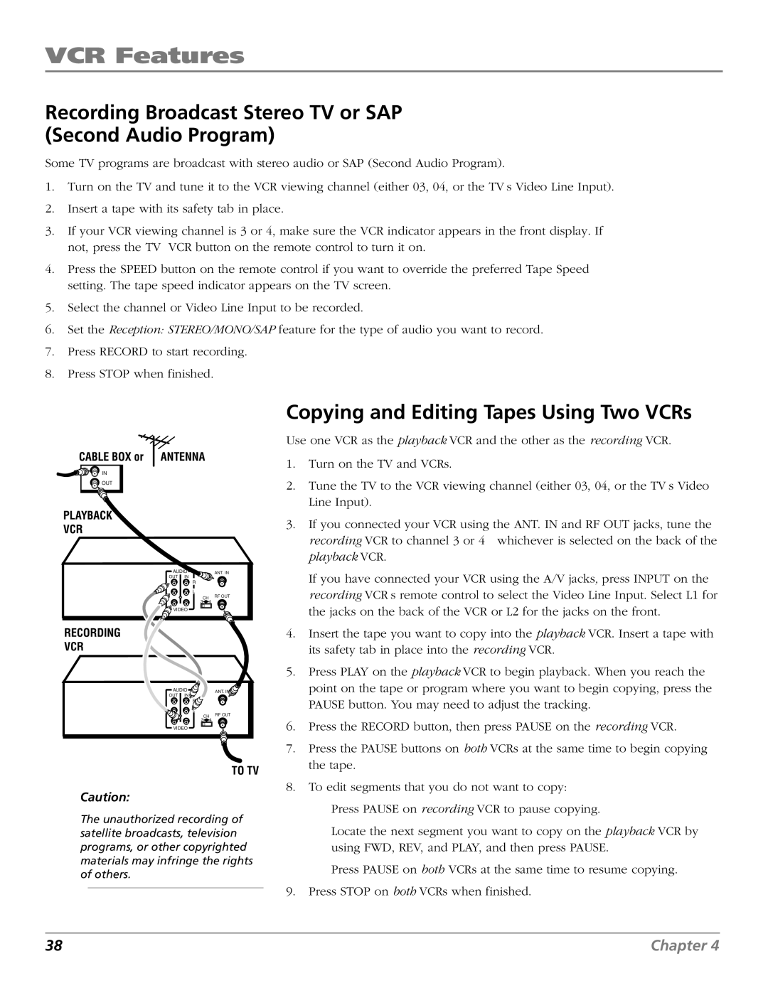 RCA VR706HF manual Copying and Editing Tapes Using Two VCRs, To TV 