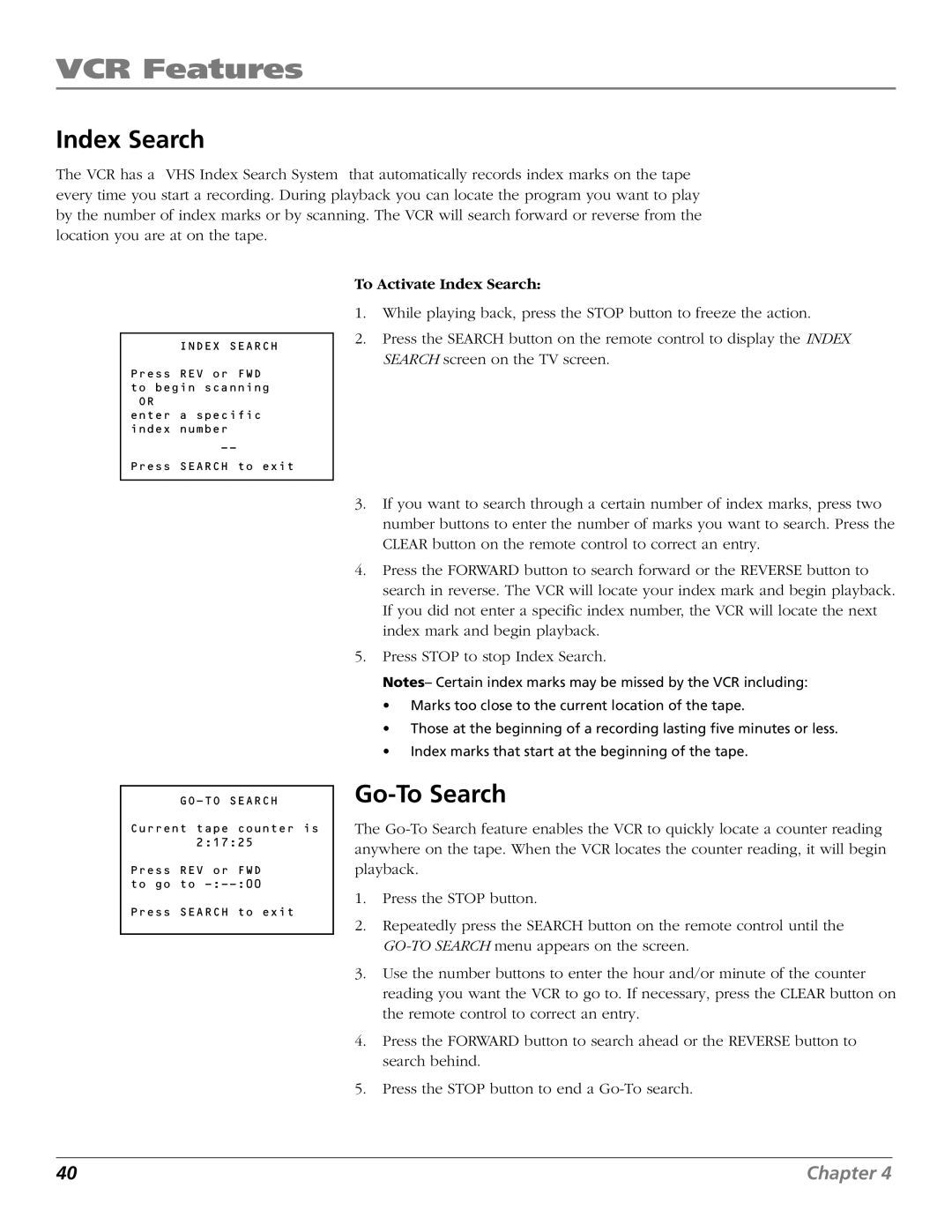 RCA VR706HF manual Go-To Search, To Activate Index Search 