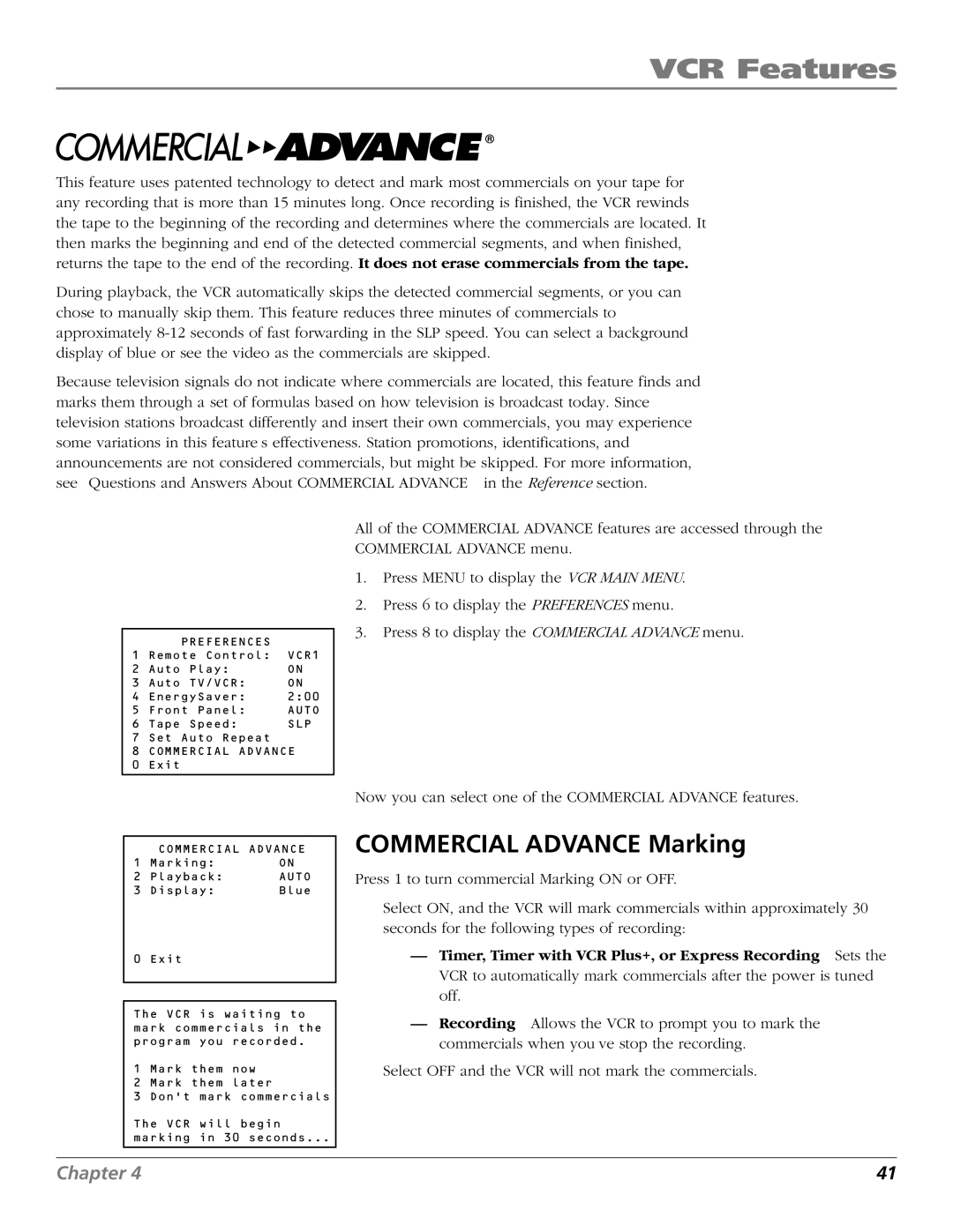 RCA VR706HF manual Commercial Advance Marking 