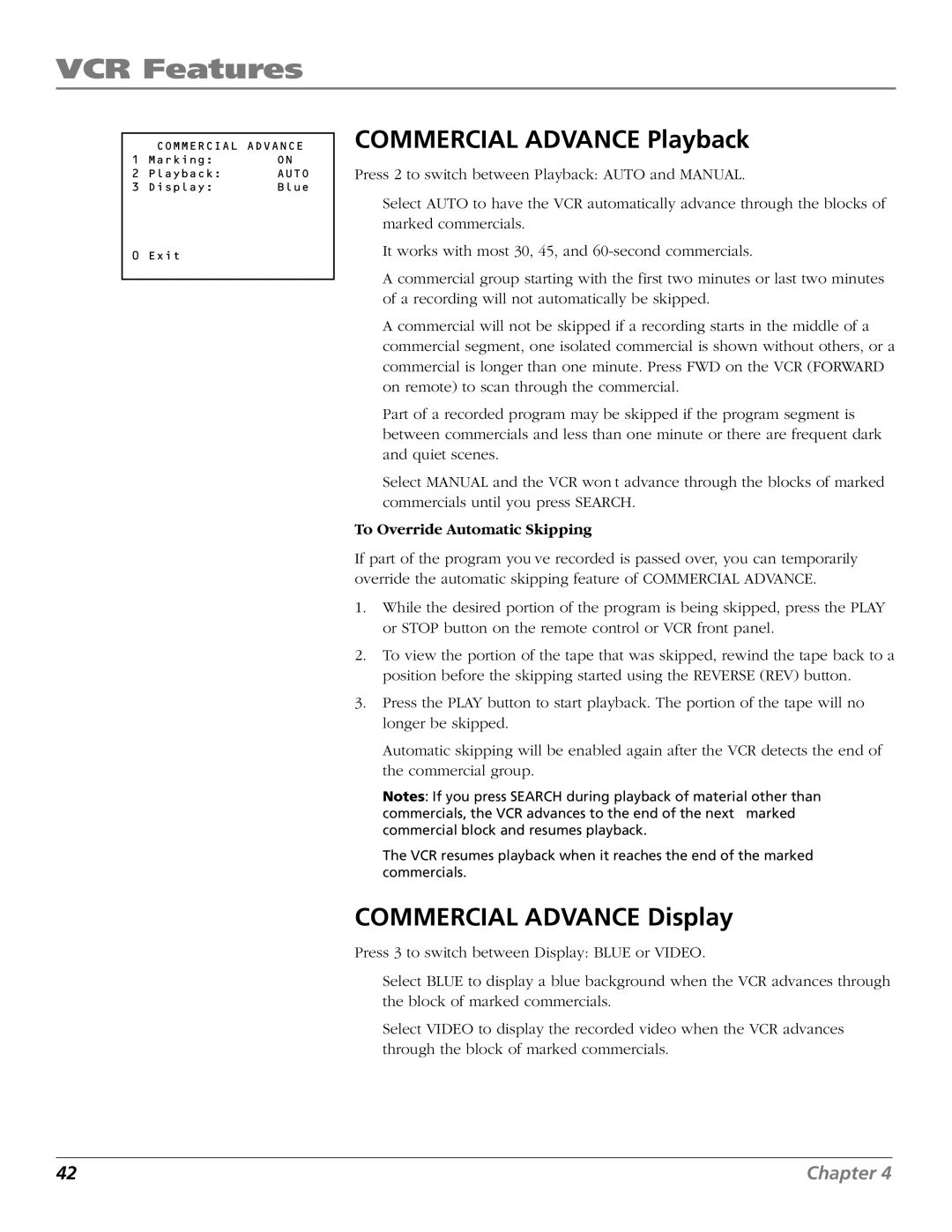 RCA VR706HF manual Commercial Advance Playback, Commercial Advance Display, To Override Automatic Skipping 