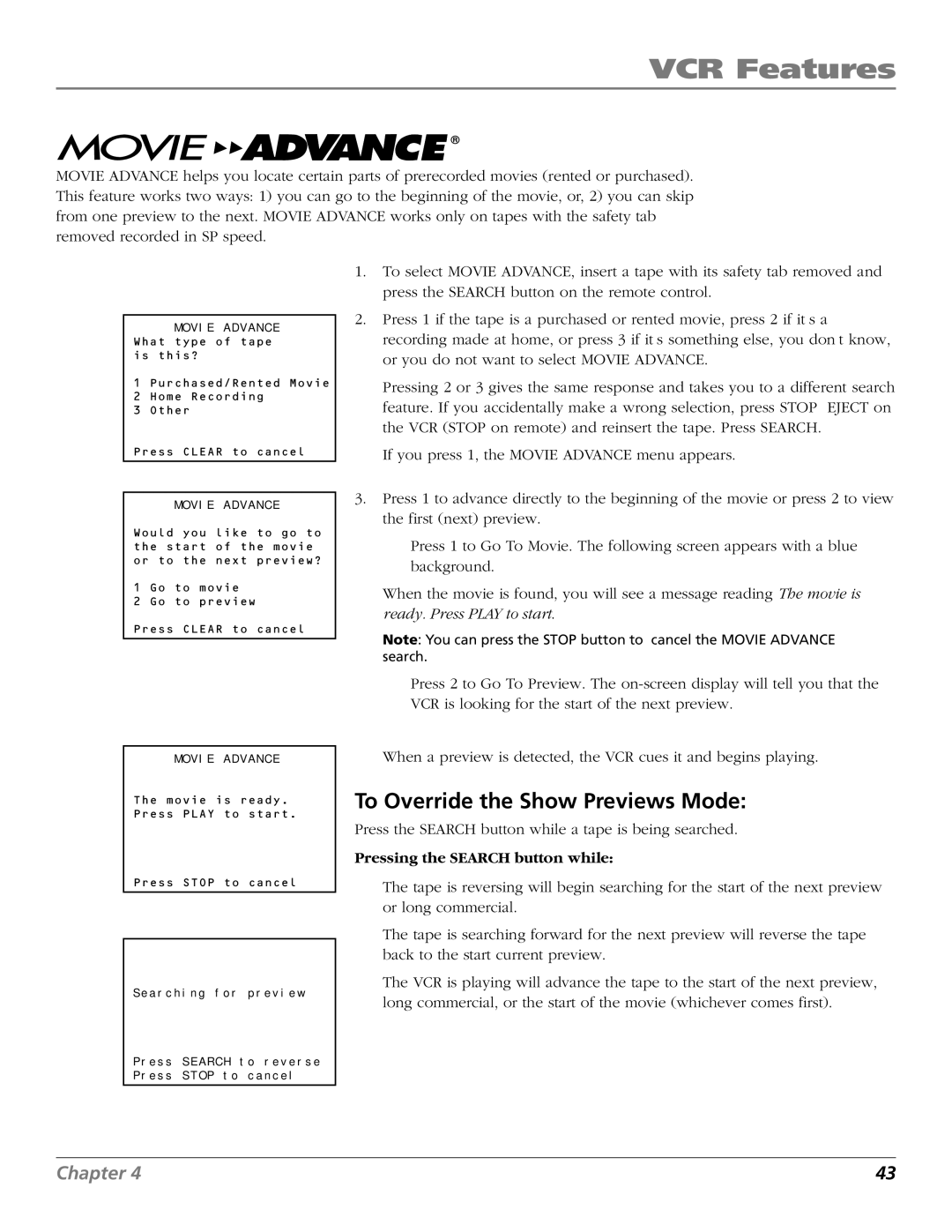 RCA VR706HF manual To Override the Show Previews Mode, Pressing the Search button while 