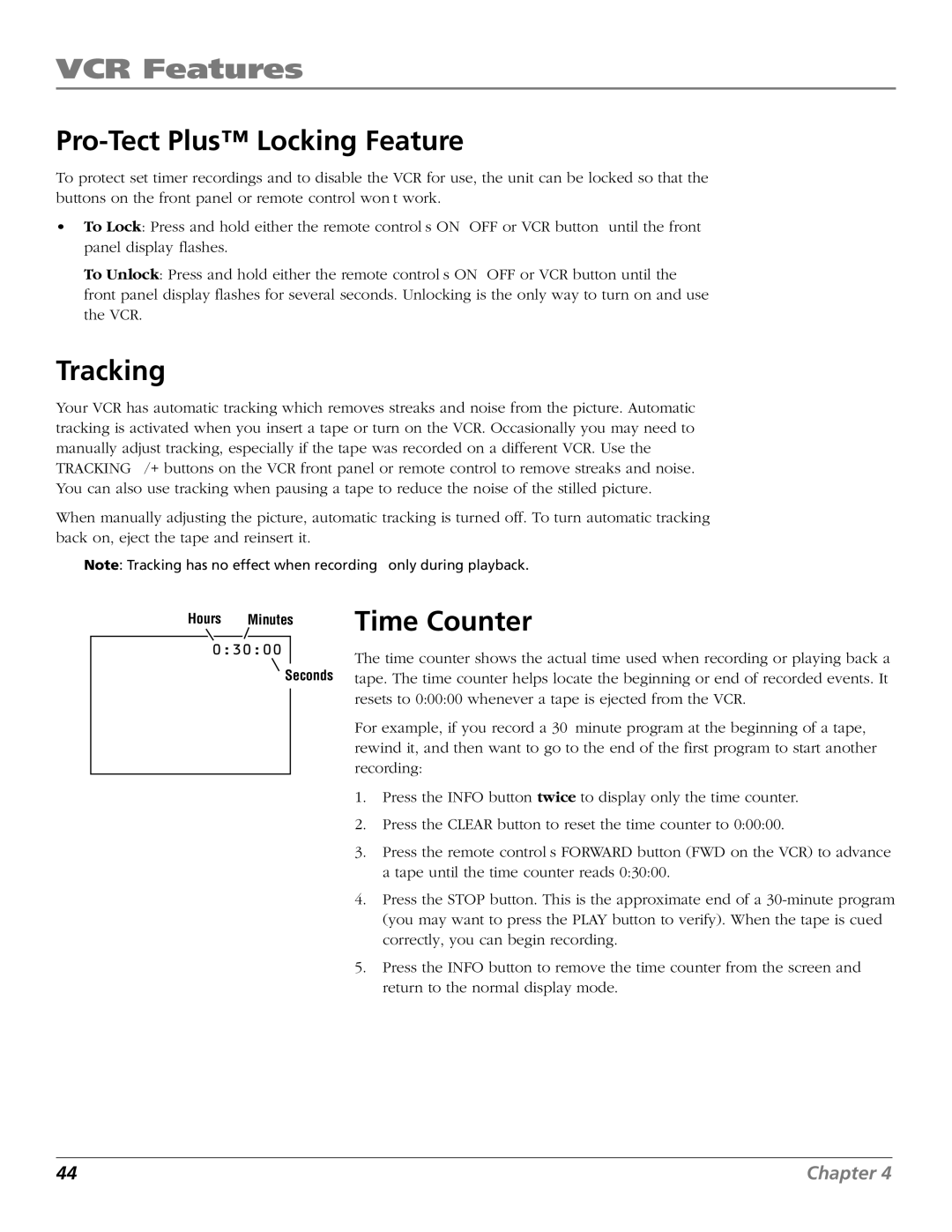 RCA VR706HF manual Pro-Tect Plus Locking Feature, Tracking, Time Counter 