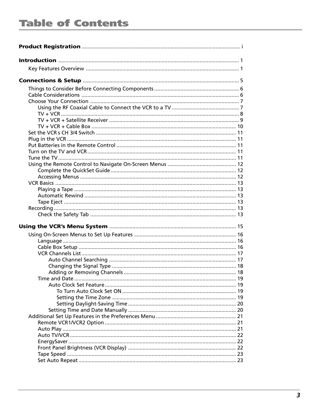 RCA VR706HF manual Table of Contents 