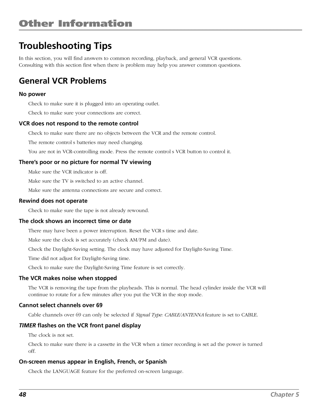 RCA VR706HF manual Other Information, Troubleshooting Tips, General VCR Problems 