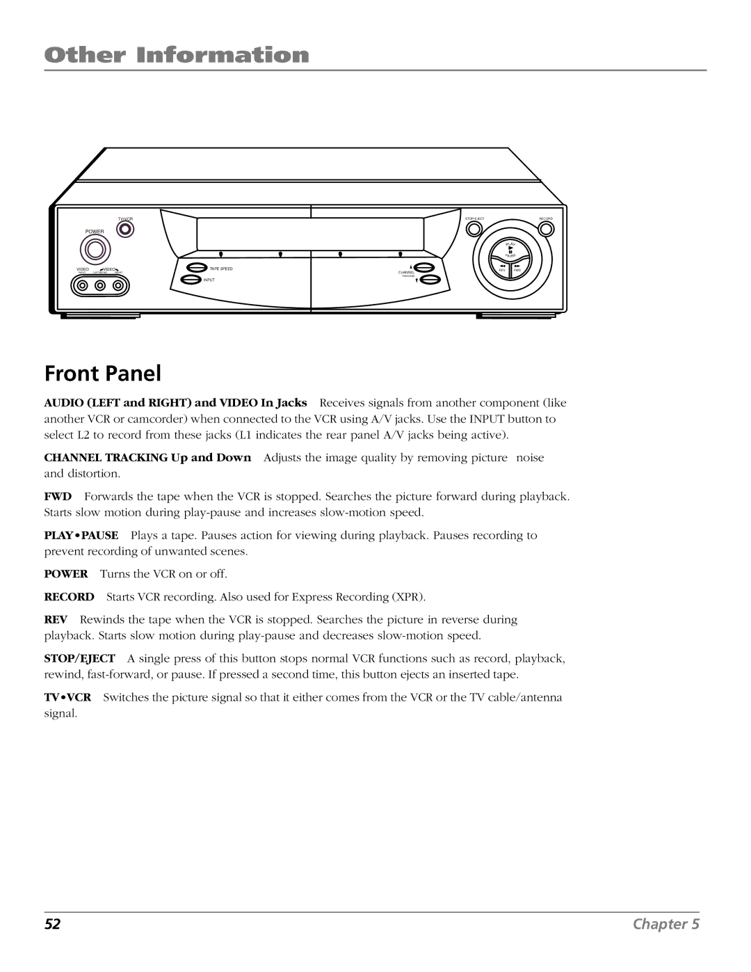 RCA VR706HF manual Front Panel 