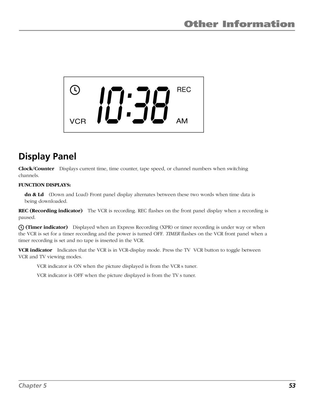 RCA VR706HF manual Display Panel, Function Displays 