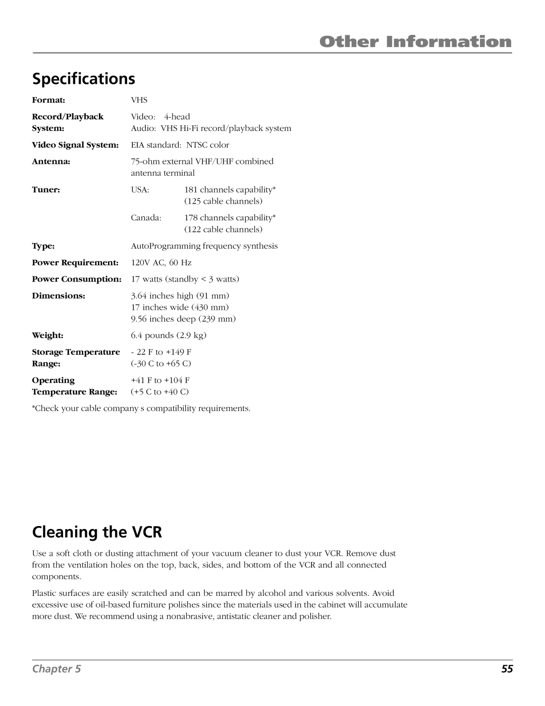 RCA VR706HF manual Specifications, Cleaning the VCR 