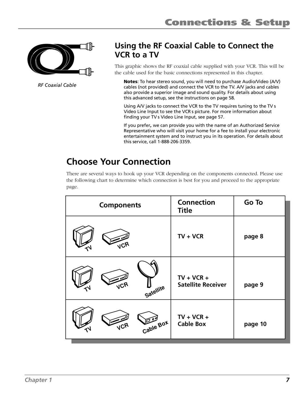 RCA VR706HF manual Choose Your Connection, Using the RF Coaxial Cable to Connect VCR to a TV, Components Connection, Title 