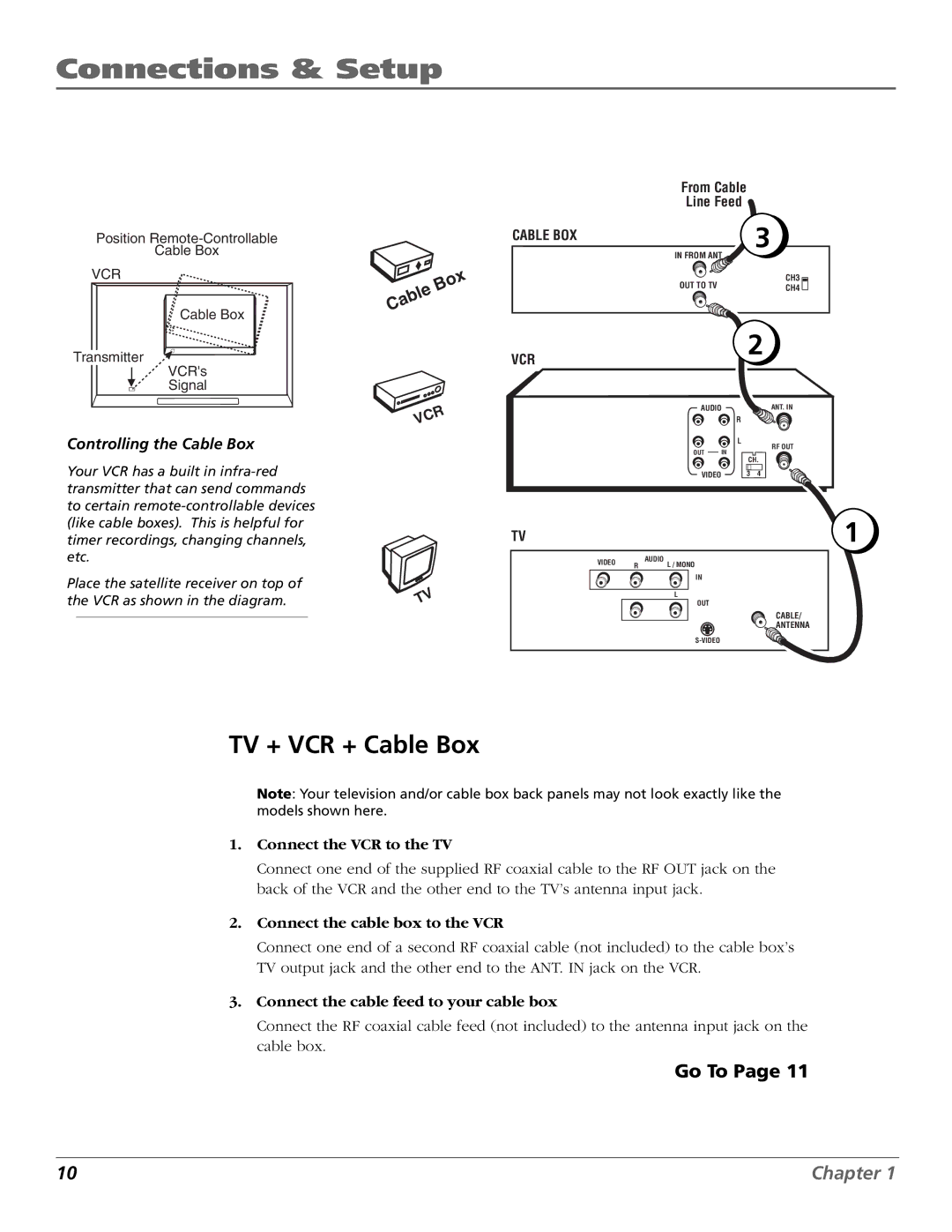 RCA VR708HF manual TV + VCR + Cable Box, Controlling the Cable Box, Connect the cable box to the VCR 