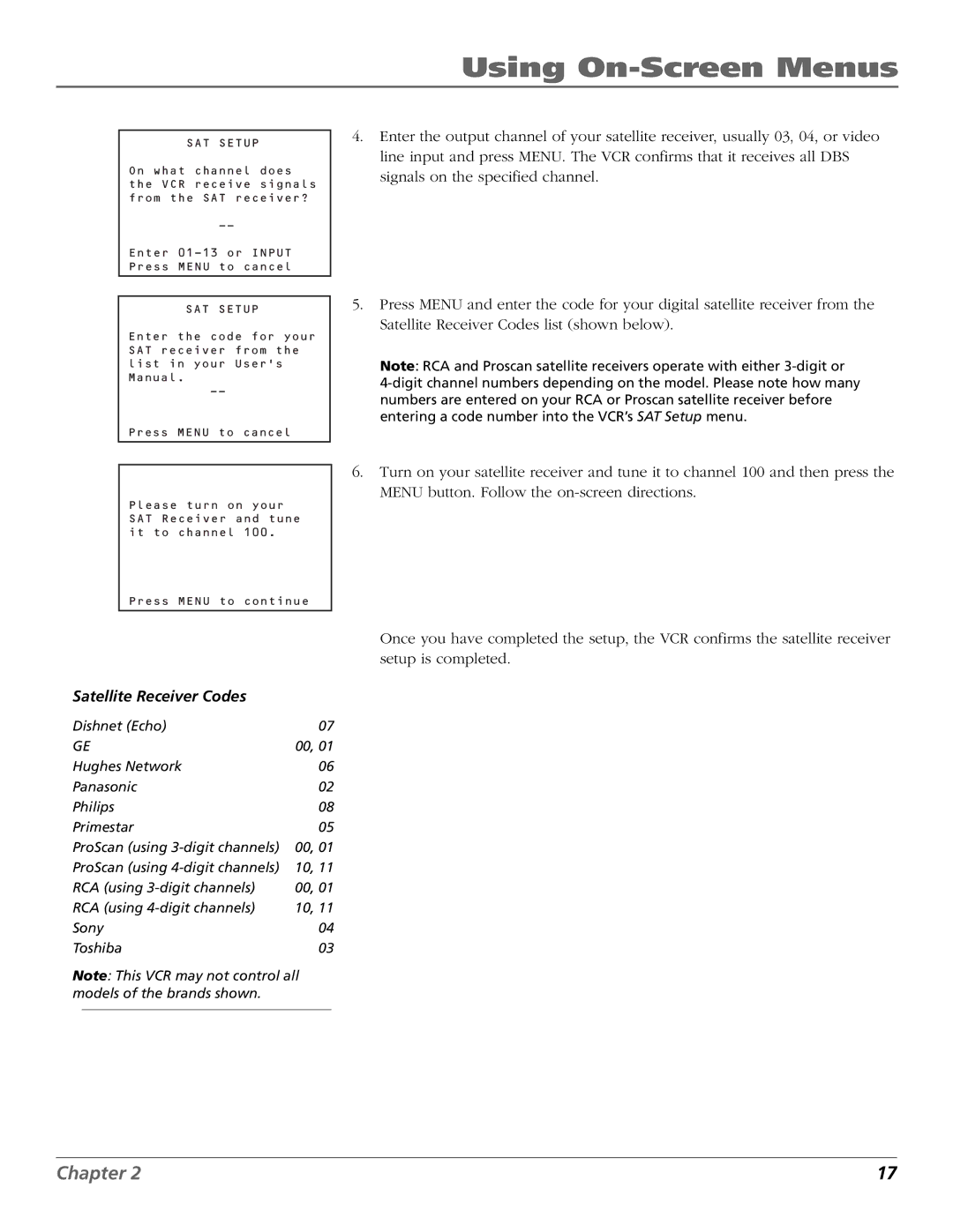 RCA VR708HF manual Satellite Receiver Codes, SAT Setup 