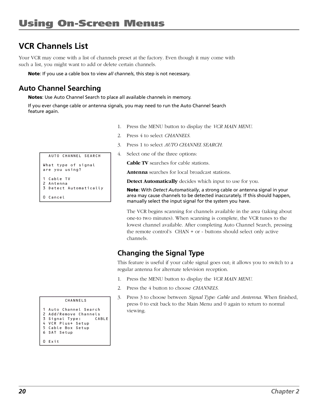 RCA VR708HF manual VCR Channels List, Auto Channel Searching, Changing the Signal Type 
