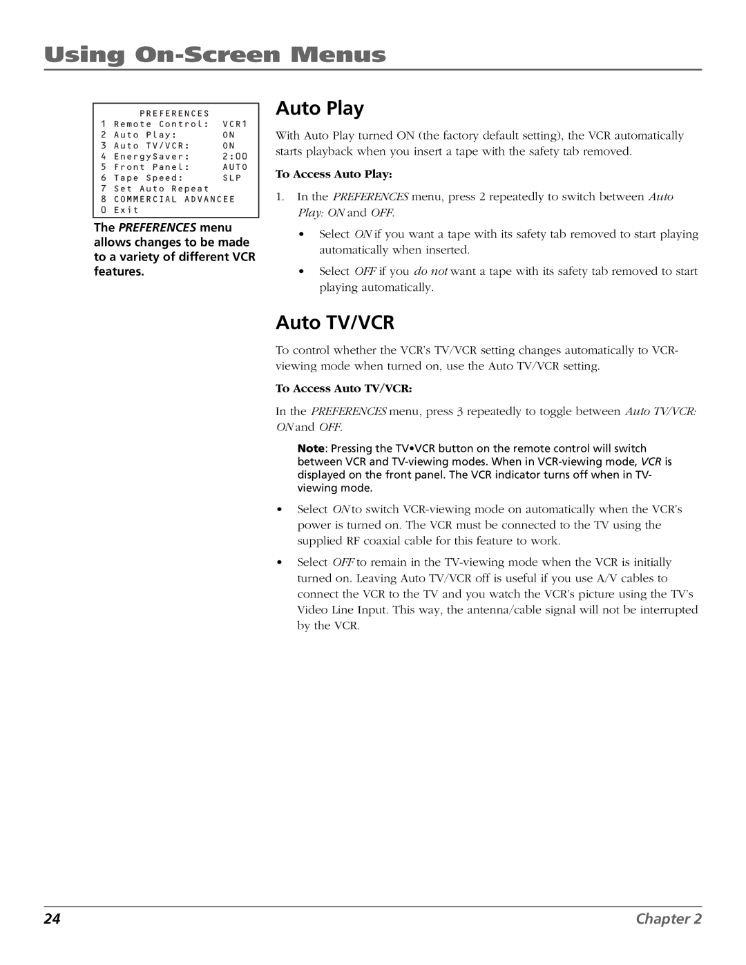 RCA VR708HF manual To Access Auto Play, To Access Auto TV/VCR 