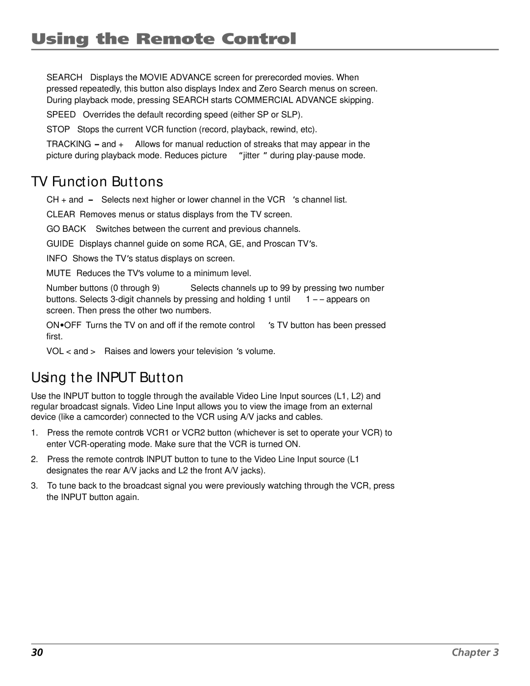 RCA VR708HF manual TV Function Buttons, Using the Input Button 