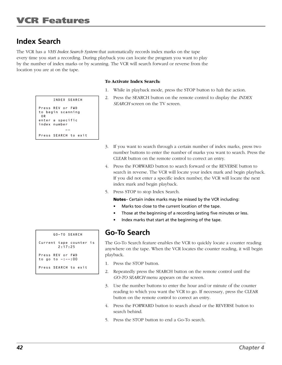 RCA VR708HF manual Go-To Search, To Activate Index Search 