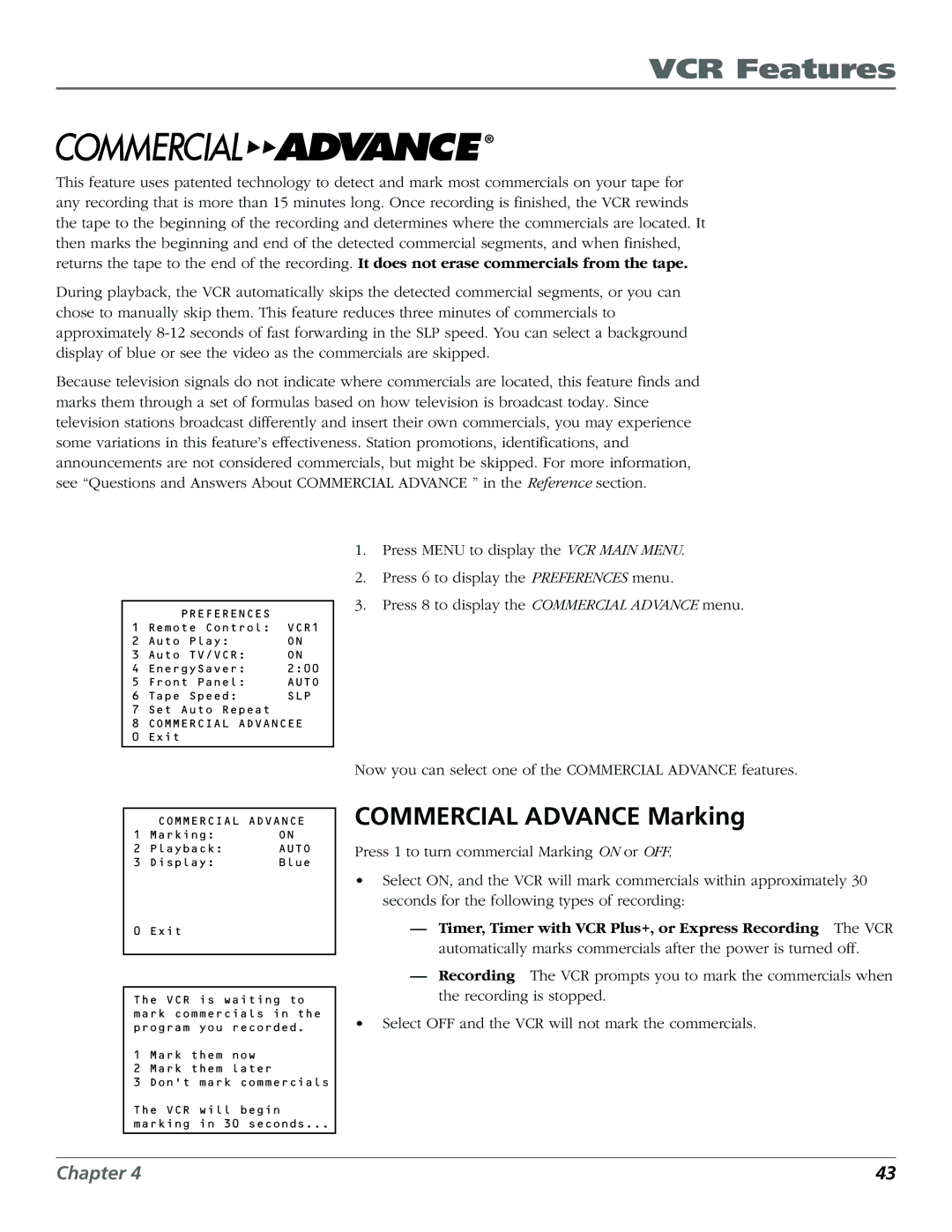 RCA VR708HF manual Commercial Advance Marking 