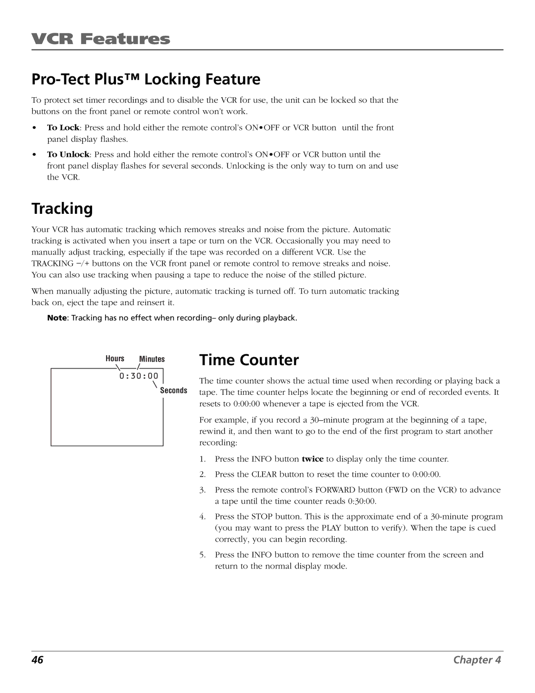 RCA VR708HF manual Pro-Tect Plus Locking Feature, Tracking, Time Counter 