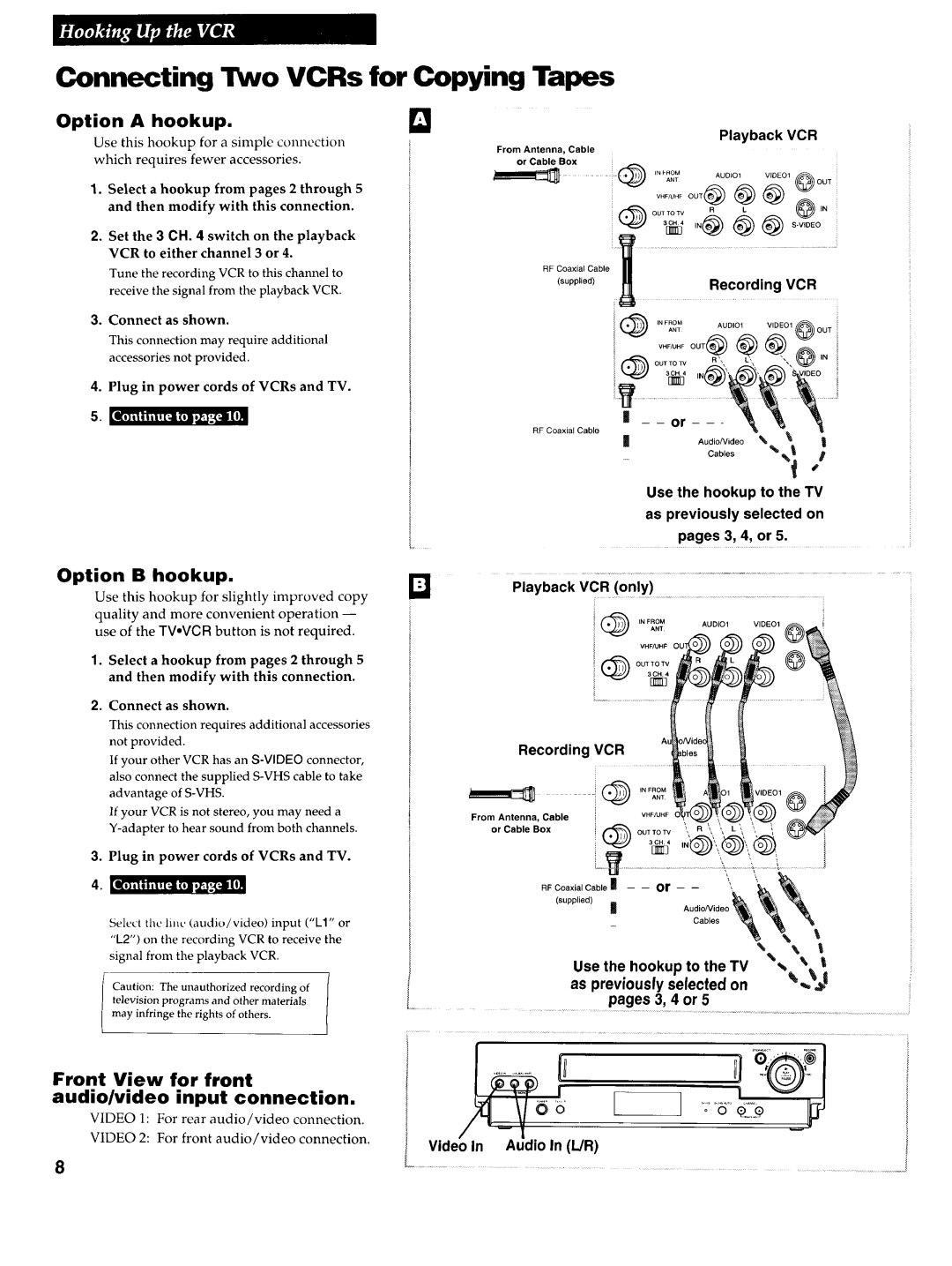 RCA VR725HF Connecting Two VCRs for Copying Tapes, Option a hookup, Front View for front Audio/video input connection 