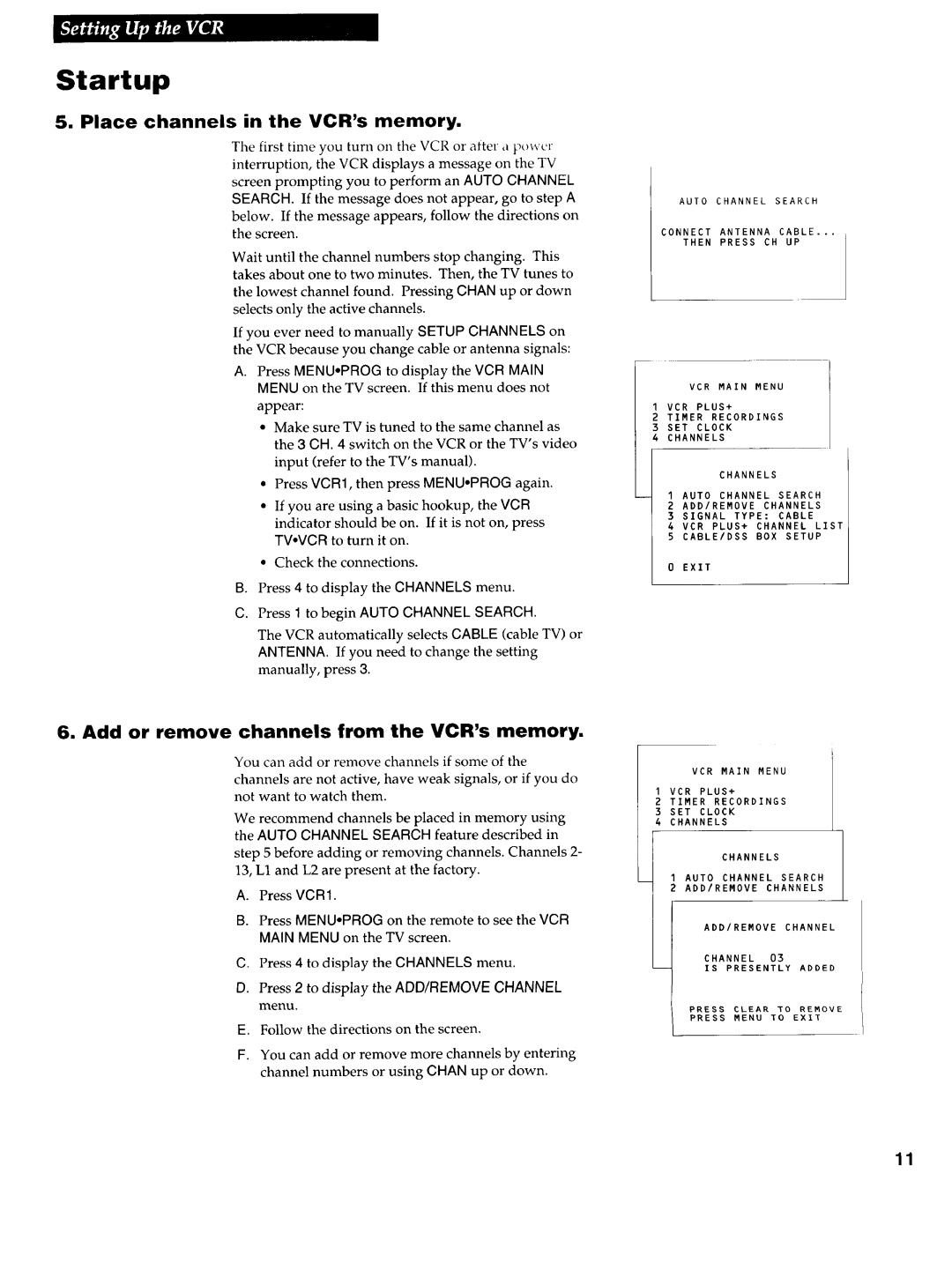 RCA VR725HF manual Add or remove channels from the VCRs memory, Place channels in the VCRs memory 