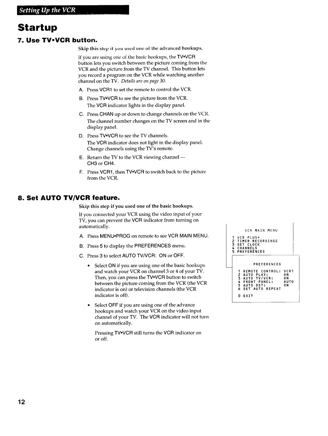 RCA VR725HF Set Auto TV/VCR feature, Use TVoVCR button, Skip this step it you used one of the advanced hookups, CH3 or CH4 