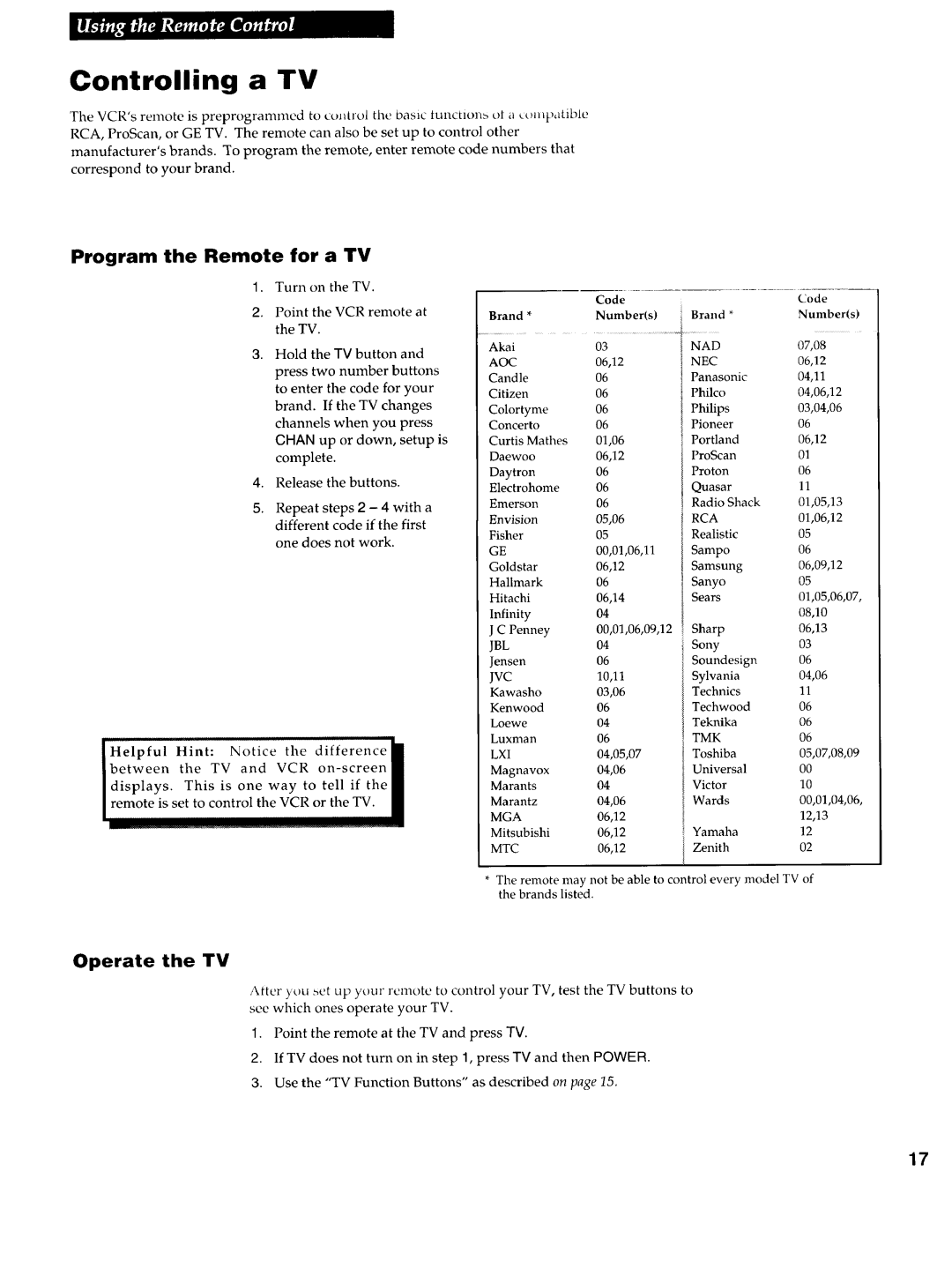 RCA VR725HF manual Controlling a TV, Program the Remote for a TV, Operate the TV, Code, Brand 