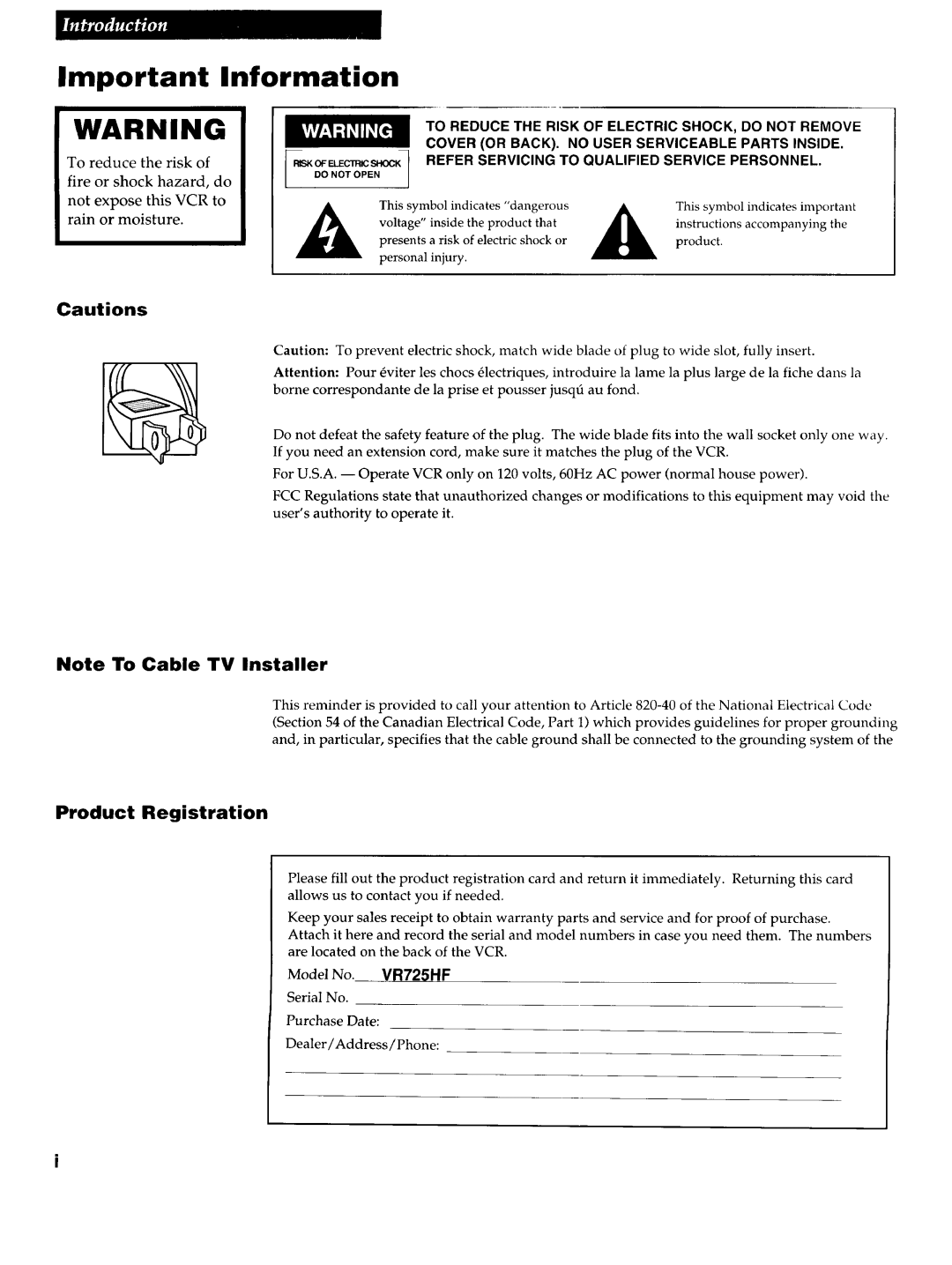 RCA VR725HF manual Information, Product Registration 