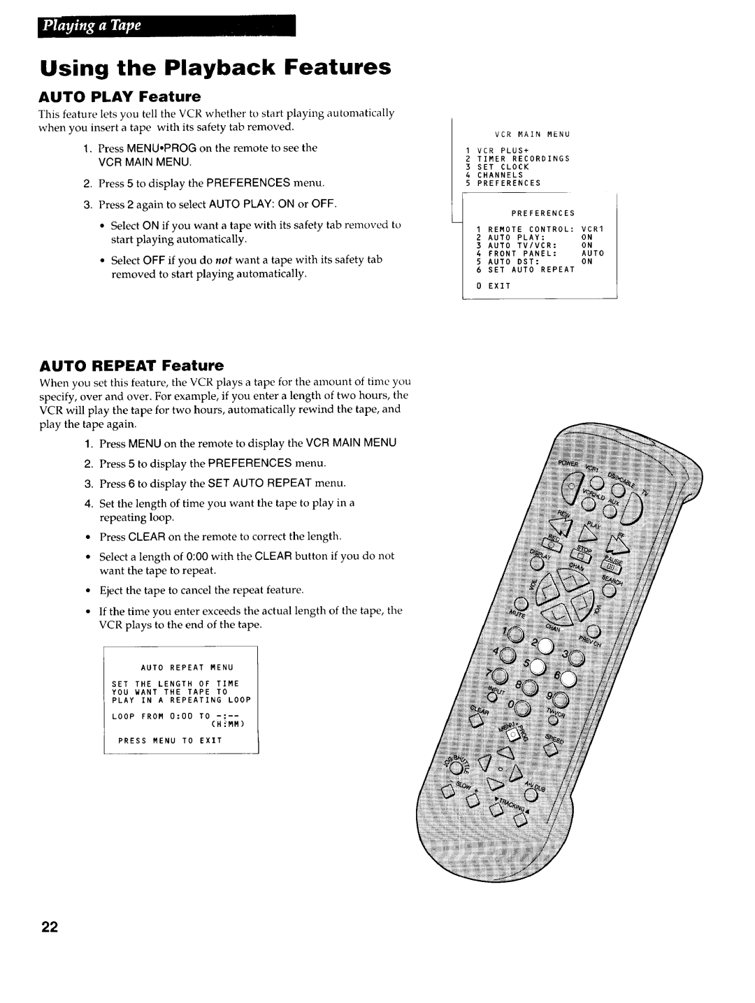 RCA VR725HF manual Auto Repeat Feature, Auto Play Feature 