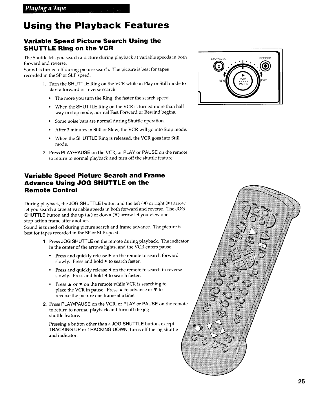 RCA VR725HF manual Variable Speed Picture Search Using Shuttle Ring on the VCR 