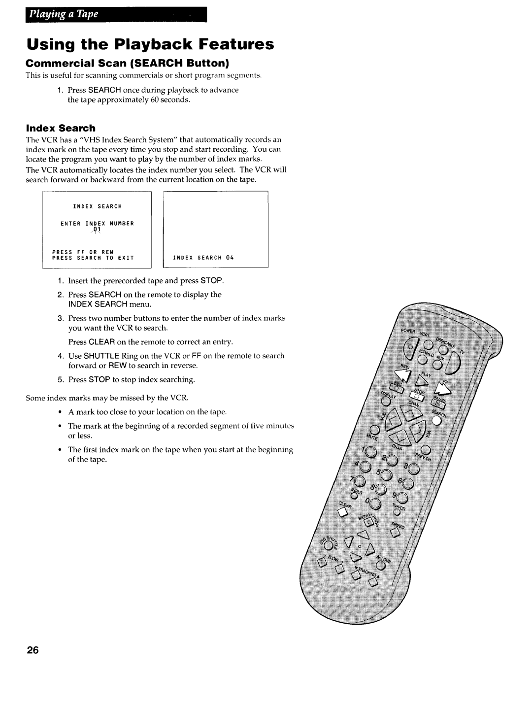 RCA VR725HF manual Commercial Scan Search Button, Index Search menu 