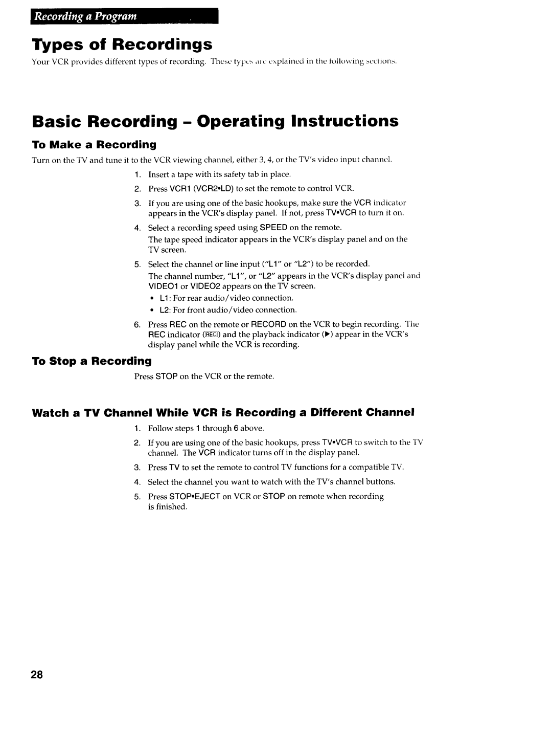 RCA VR725HF manual Types of Recordings, Basic Recording- Operating Instructions, To Stop a Recording, To Make a Recording 