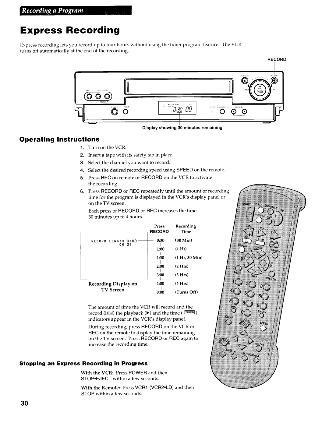 RCA VR725HF manual Express Recording, Operating Instructions, Display showing 30 minutes remaining 