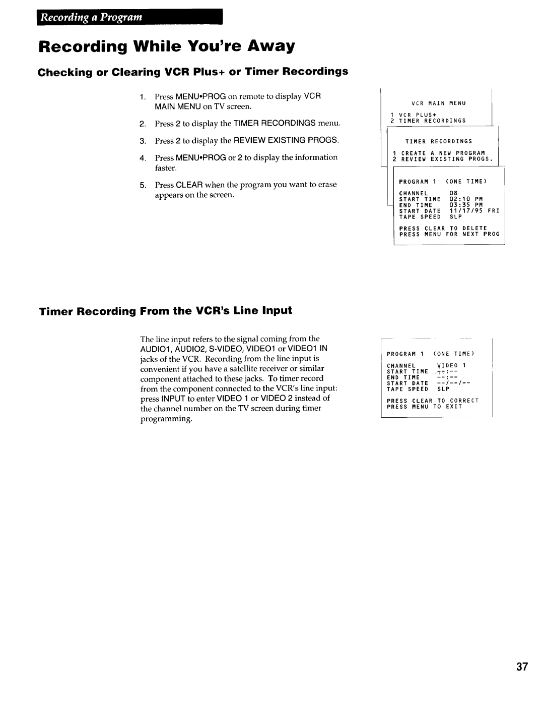 RCA VR725HF manual Timer Recording From the VCRs Line Input, Checking or Clearing VCR Plus+ or Timer Recordings 