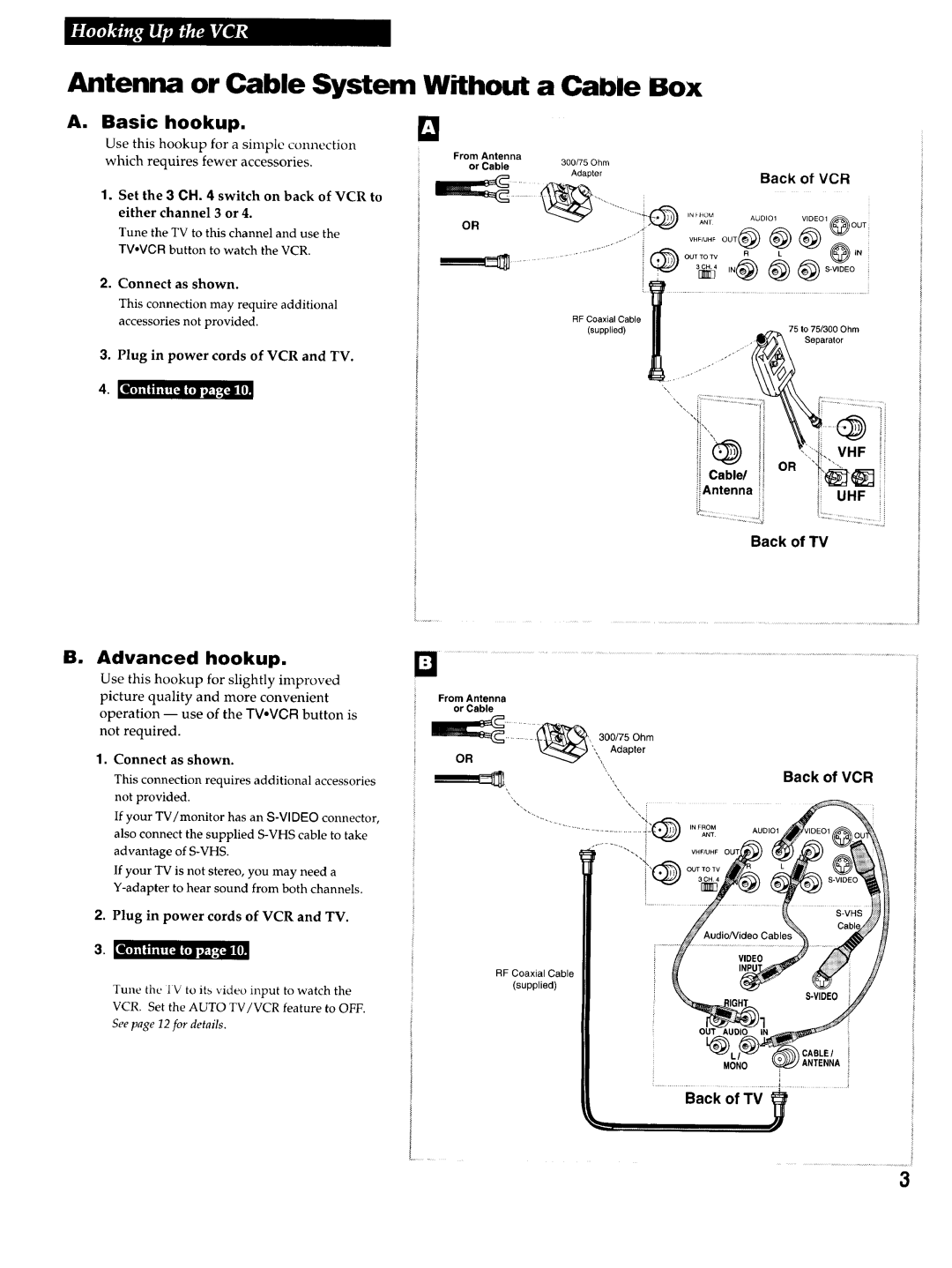 RCA VR725HF manual Antenna or Cable System, Without, Cable Box 