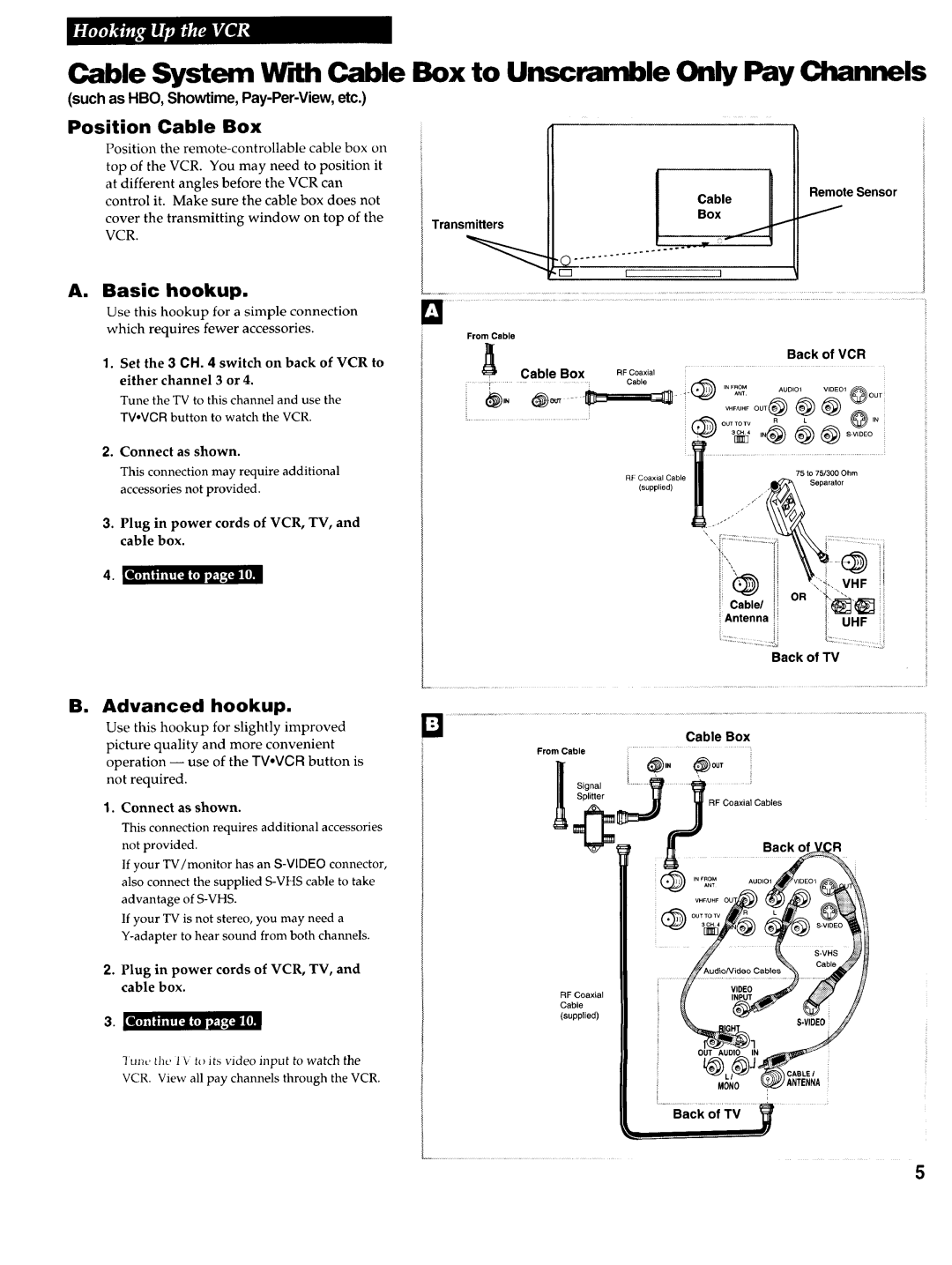 RCA VR725HF manual Cable System WdhCable, Box to Unscramble Only Pay Channels, Position Cable Box 