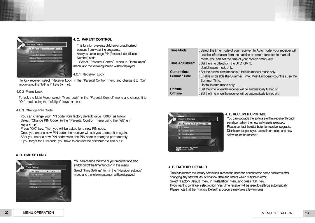 RCA VS2000 user manual Parent Control, Time Setting, Receiver Upgrade, Factory Default 