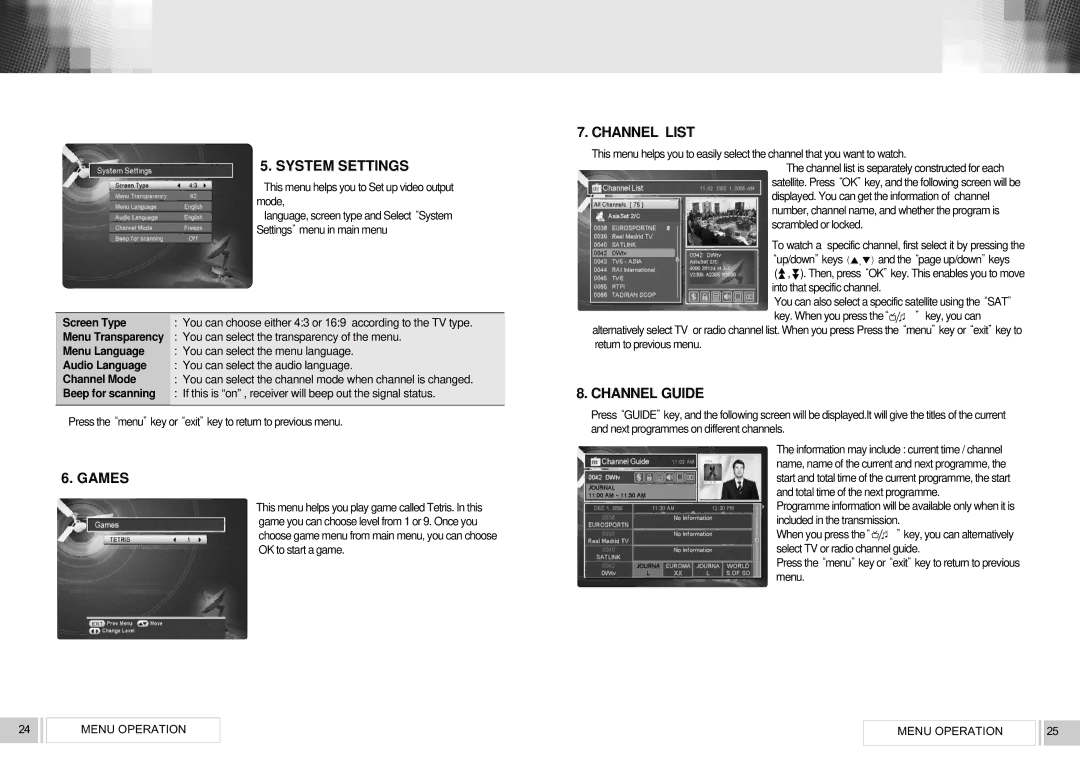 RCA VS2000 user manual System Settings, Games, Channel List, Channel Guide 