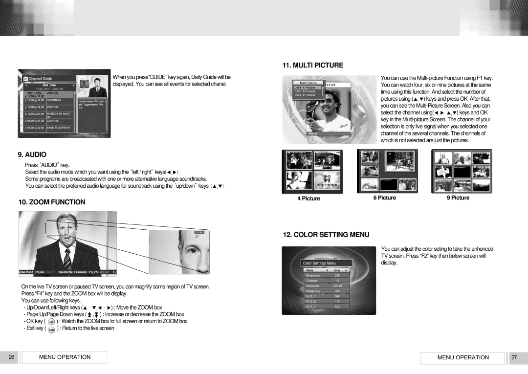 RCA VS2000 user manual Audio, Multi Picture, Zoom Function, Exit key Exit Return to the live screen 