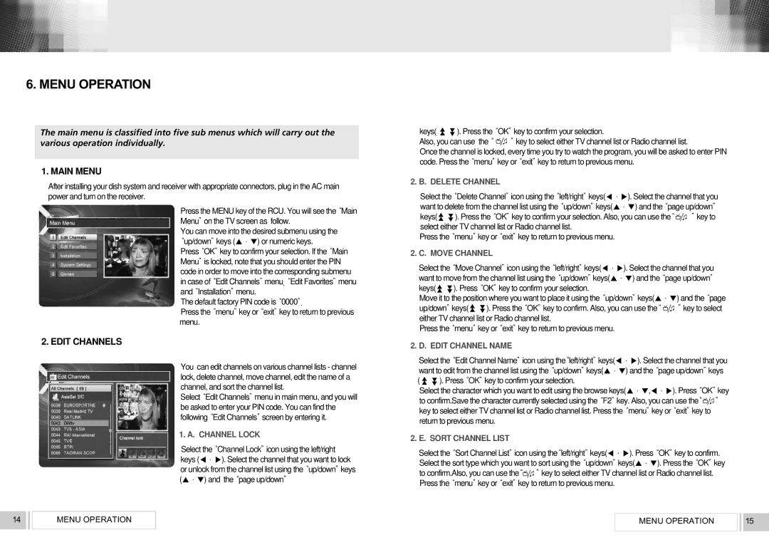 RCA VS2000 Menu Operation, Main Menu, Edit Channels, Keys . Press the OK key to confirm your selection, Also, you can use 