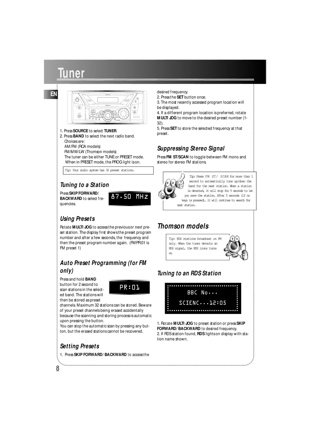 RCA A3205, VTCD550, RS3520, RS3522, RS2520, RS2521, RS2522, RS2550, A3200, A3005, A3000, A3400 user manual Tuner, Thomson models 