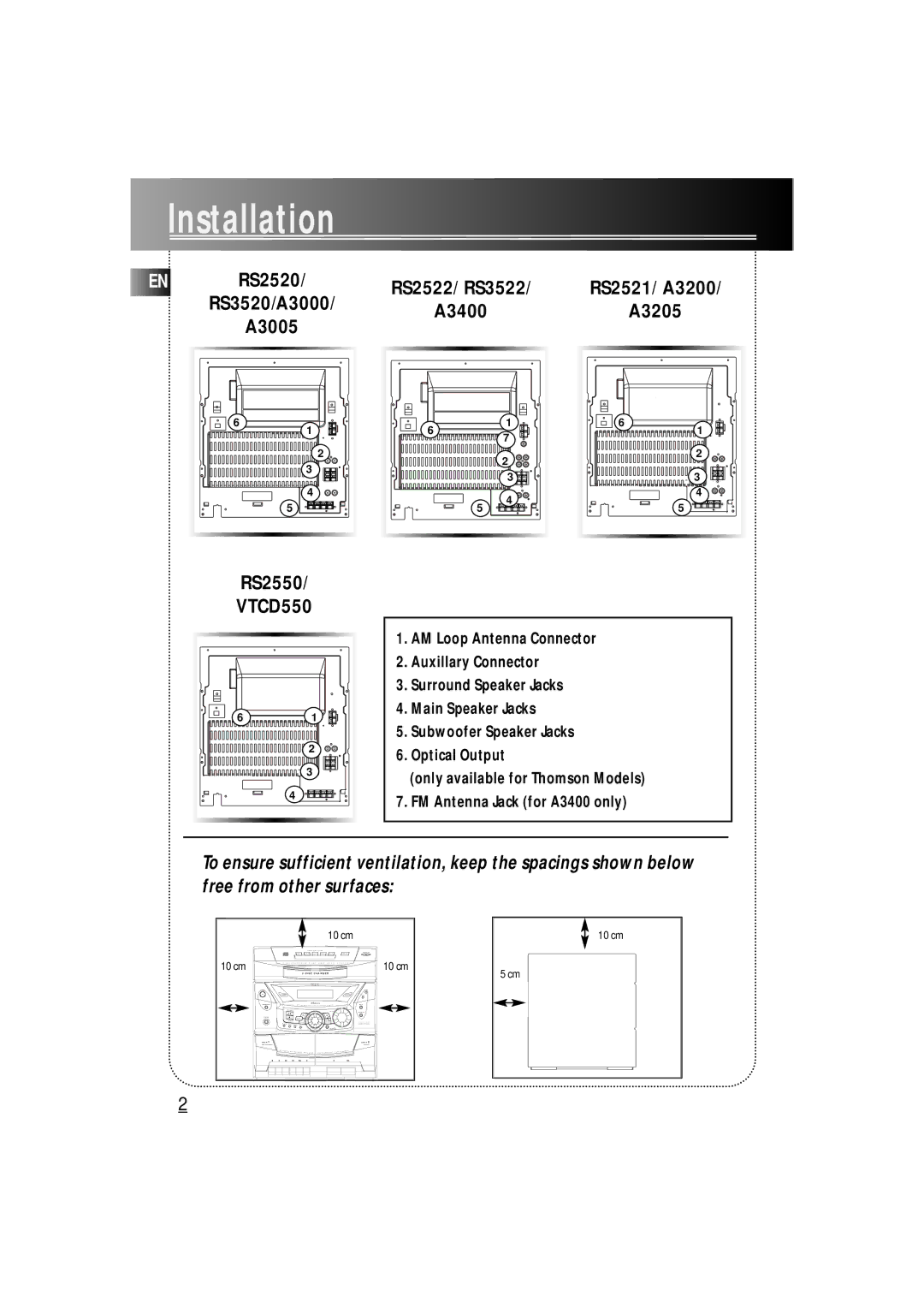 RCA RS2521, VTCD550, RS3520, RS3522, RS2520, RS2522, A3200, A3000, A3205, A3400 user manual Installation, A3005, RS2550 