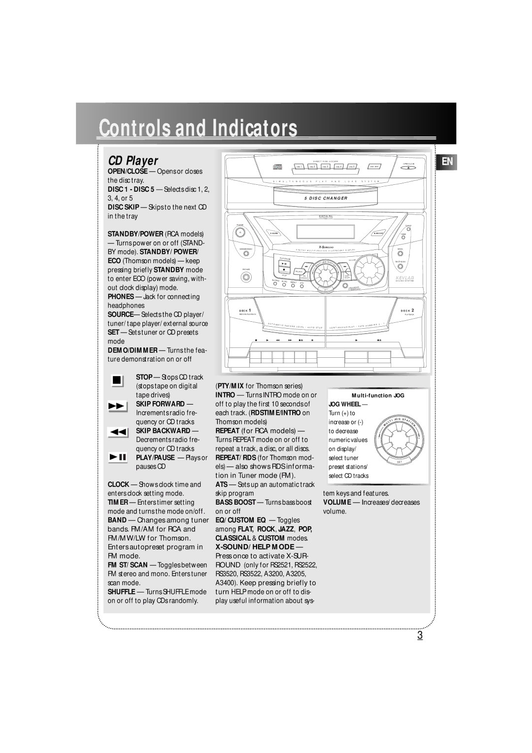 RCA RS2522, VTCD550, RS3520, RS3522 Controls and Indicators, CD Player, STANDBY/POWER RCA models, EQ/ Custom EQ Toggles 