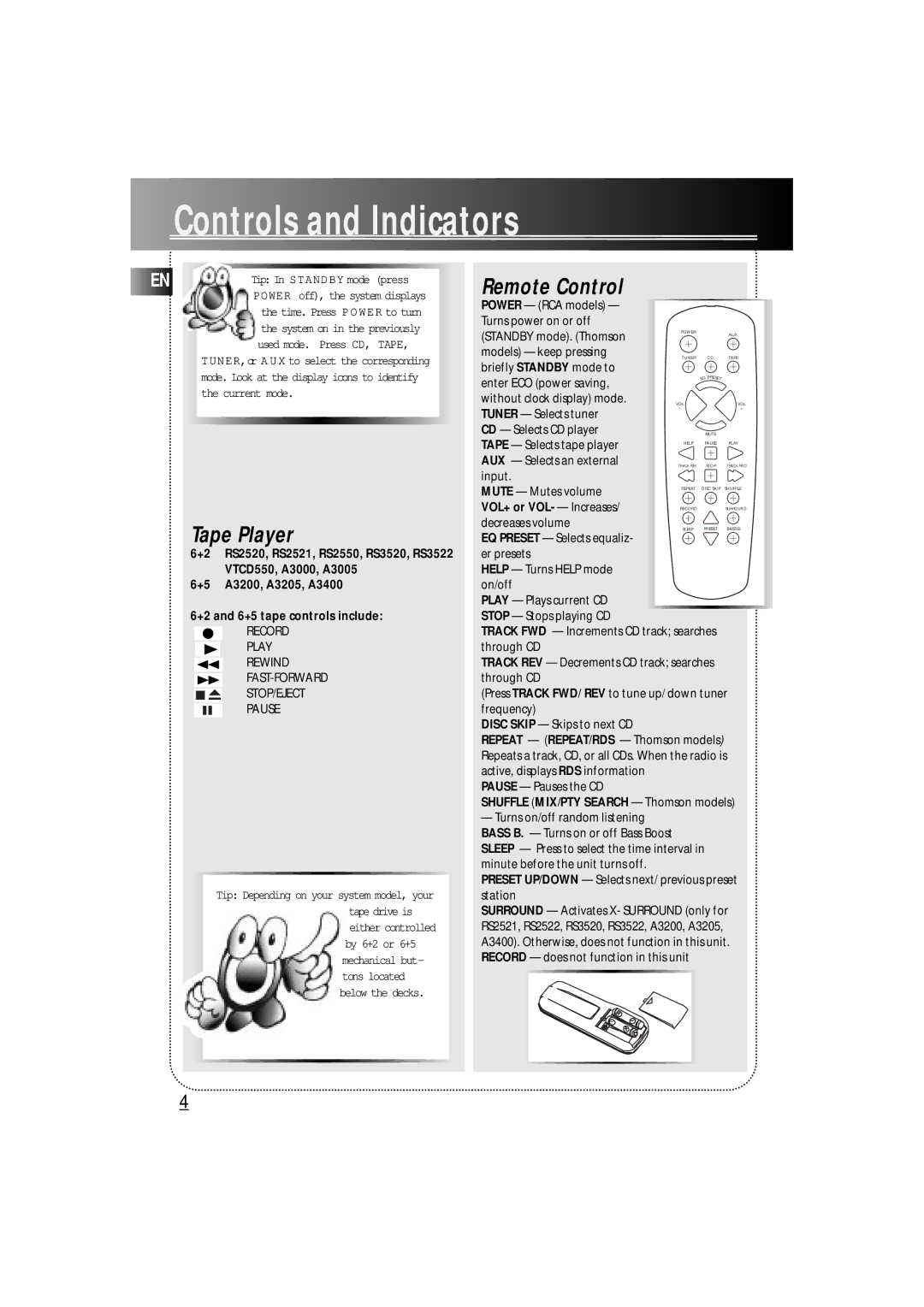 RCA RS2550, VTCD550, RS3520 Remote Control, Tape Player, VOL+ or VOL- Increases, EQ Preset Selects equaliz- er presets 