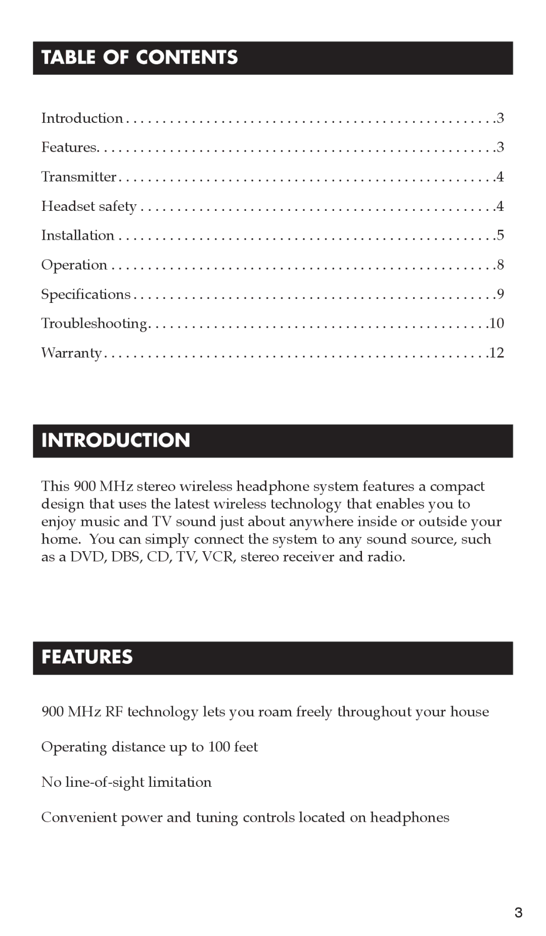 RCA WHP140 warranty Table of Contents, Introduction, Features 