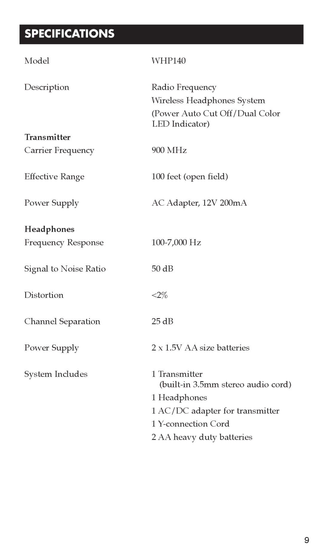 RCA WHP140 warranty Specifications, Transmitter 