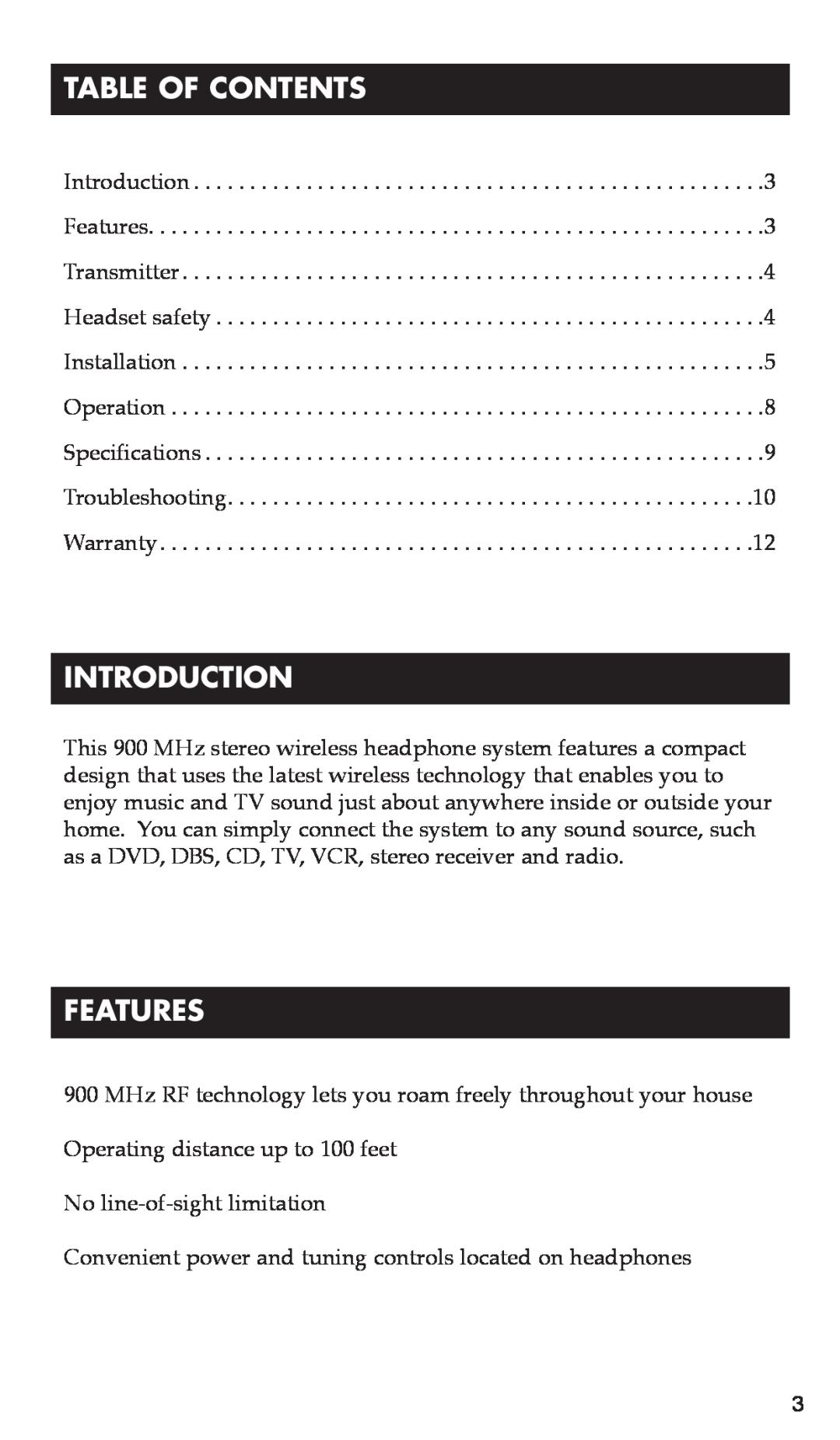 RCA WHP140 warranty Table Of Contents, Introduction, Features 